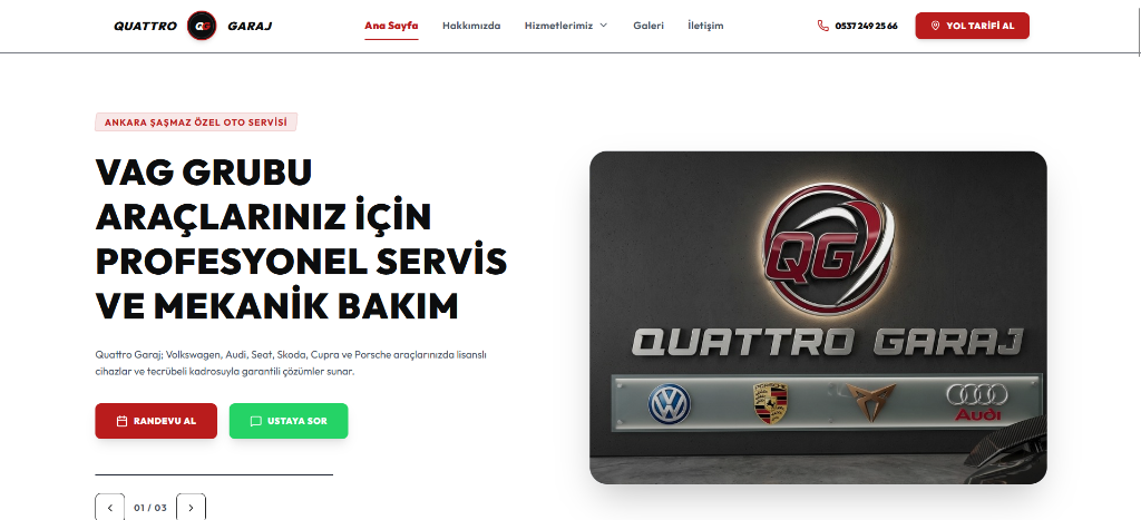 Quattro Garaj Otomotiv Web Sitesi Ekran Görüntüsü